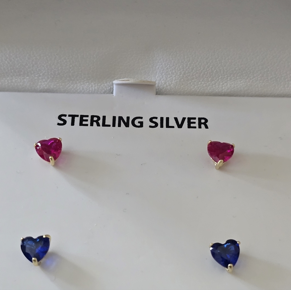 Macys 18k Sterling Silver Earrings Set  Pink and Blue New - Picture 3 of 6